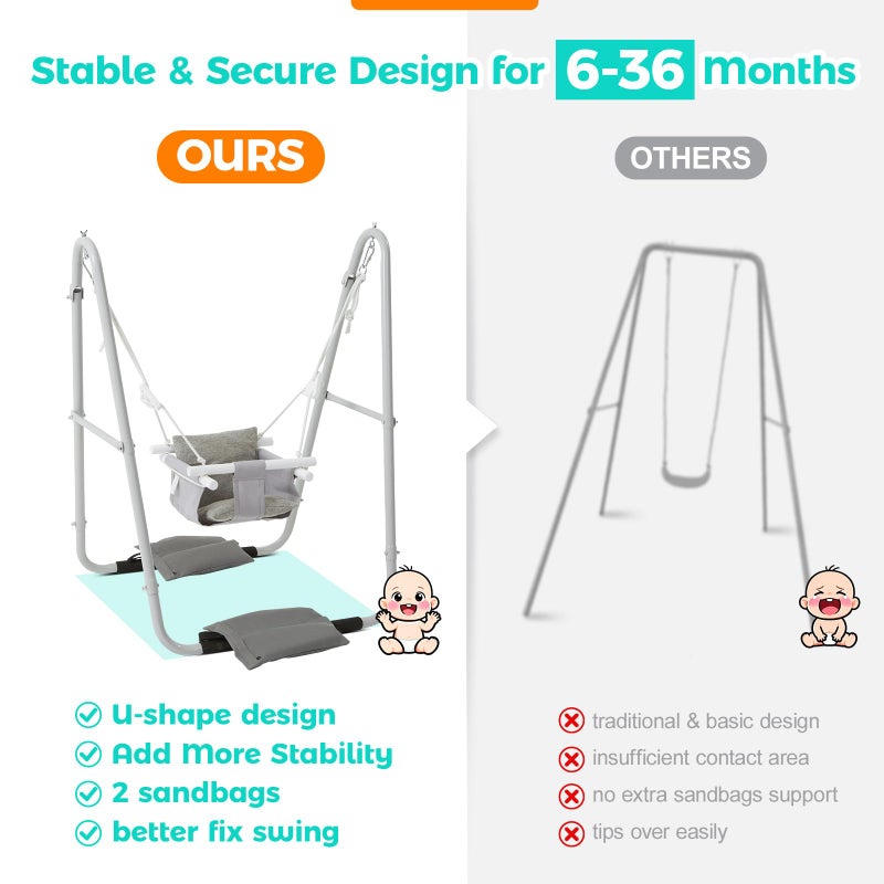 FUNLIO U-Shape Swing Set for Toddlers 6-36 Months, Heavy Duty Metal Frame with 2 Sandbags & 4 Anti-Slip Pads, Easy to Assemble & Store, Foldable & Portable Toddler Swing for Indoor/Outdoor-Gray - Image 3