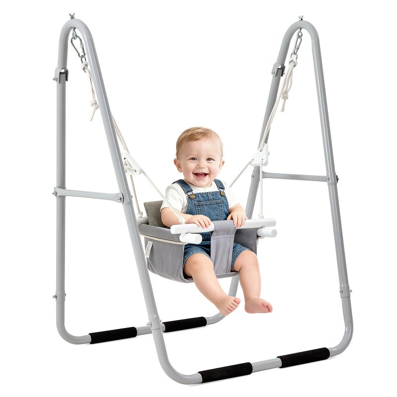 FUNLIO U-Shape Swing Set for Toddlers 6-36 Months, Heavy Duty Metal Frame with 2 Sandbags & 4 Anti-Slip Pads, Easy to Assemble & Store, Foldable & Portable Toddler Swing for Indoor/Outdoor-Gray - Image 1