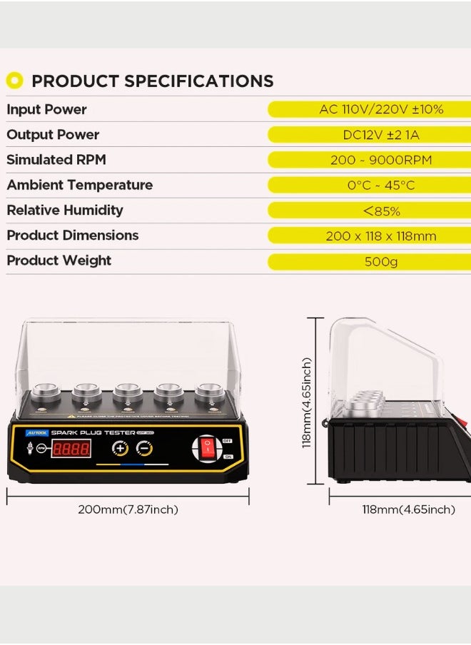 Autool - Spt360 Spark Plug Tester 5 Holes Spark Plugs Detector Car Ignition Plug Analyzer 9000rpm Adjustable Frequency & Test Height Automotive Spark Plug Diagnostic Repair Tool for Universal All Vehicles - Image 1