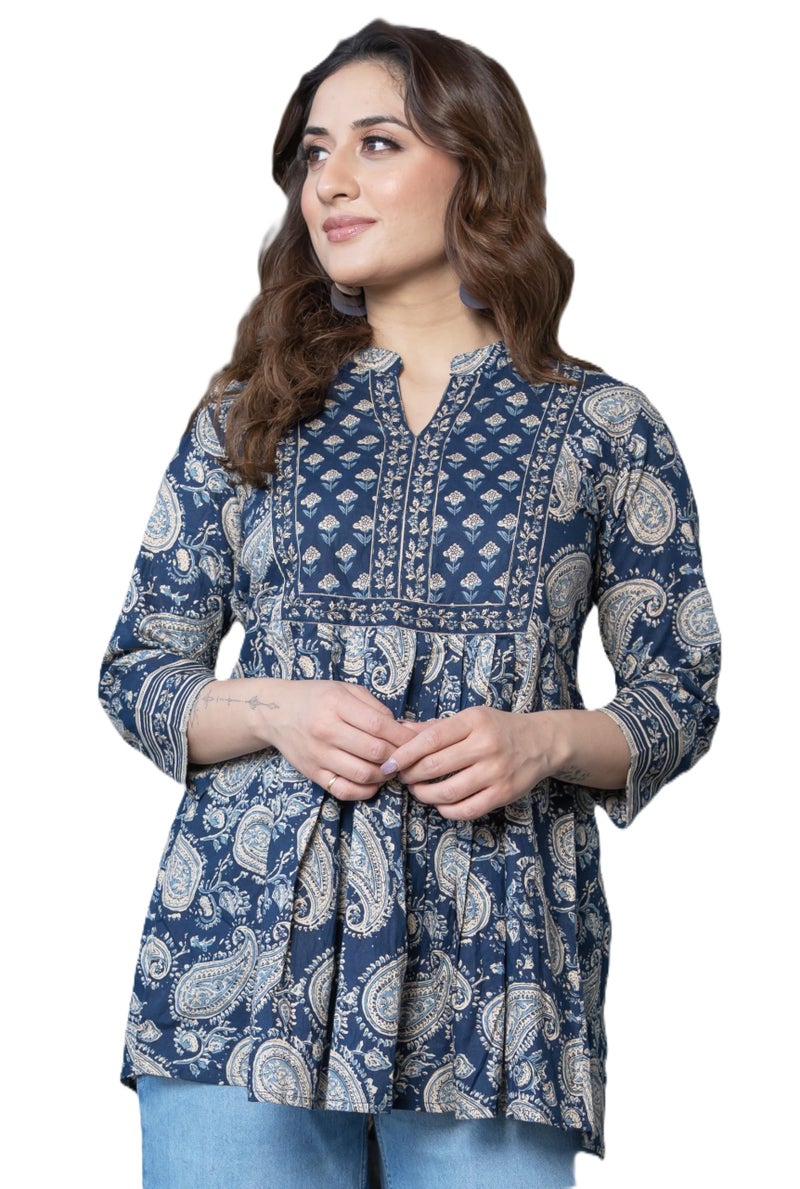 Arayna Women's Pure Cotton Paisley Printed Tunic Top – Comfortable Everyday Wear - Midnight Blue, X-Large - Image 1