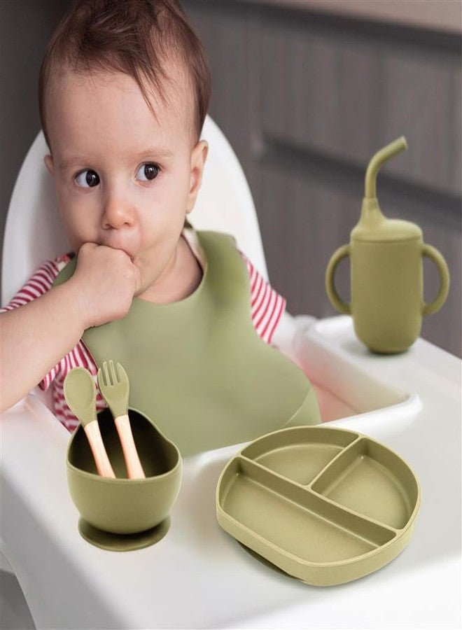 Imasafe Silicone Baby Feeding Set | Baby-Led Weaning Essentials | Includes Suction Plate, Bowl, Cup, Spoon, Fork, and Bib | Safe and Durable Baby Feeding Products - 6 Piece (Light Olive Green) - Image 5