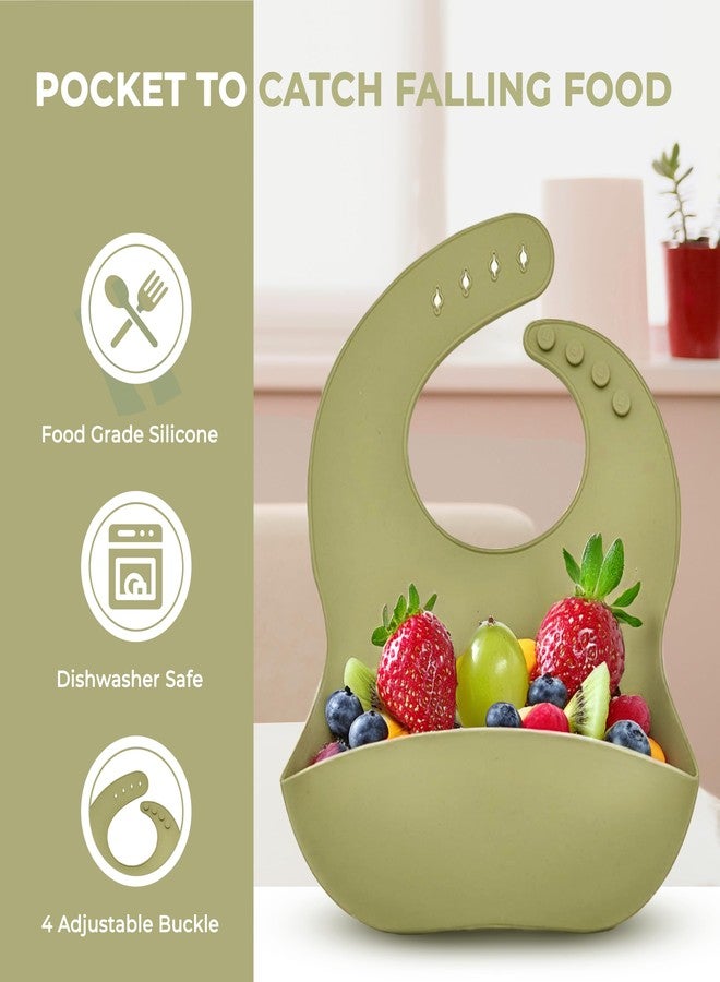 Imasafe Silicone Baby Feeding Set | Baby-Led Weaning Essentials | Includes Suction Plate, Bowl, Cup, Spoon, Fork, and Bib | Safe and Durable Baby Feeding Products - 6 Piece (Light Olive Green) - Image 3