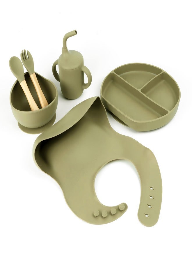 Imasafe Silicone Baby Feeding Set | Baby-Led Weaning Essentials | Includes Suction Plate, Bowl, Cup, Spoon, Fork, and Bib | Safe and Durable Baby Feeding Products - 6 Piece (Light Olive Green) - Image 1