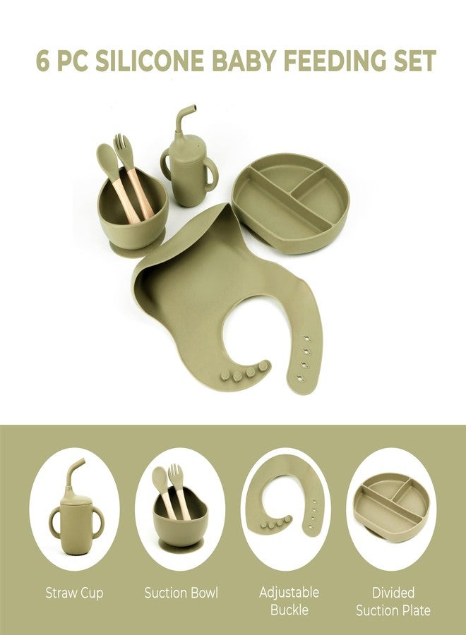 Imasafe Silicone Baby Feeding Set | Baby-Led Weaning Essentials | Includes Suction Plate, Bowl, Cup, Spoon, Fork, and Bib | Safe and Durable Baby Feeding Products - 6 Piece (Light Olive Green) - Image 2