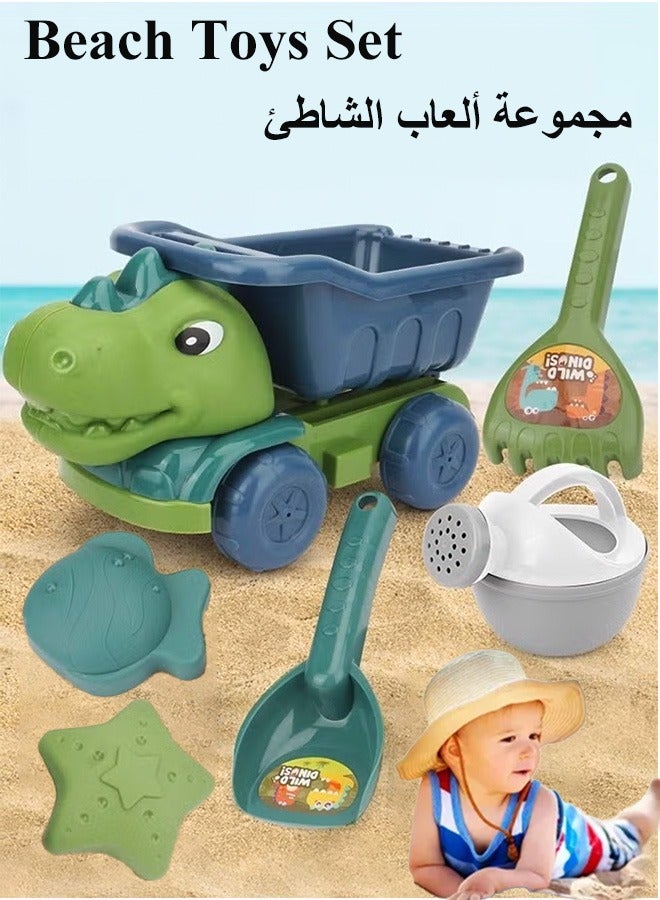 6Pcs Beach Toys Set, Sand Toys Include Dinosaur car, shovel, Rake, Sea Animal Molds and Watering Can,  Beach Sand Playset, Castle Building Kit, Durable Beach Outdoor Truck Toys Play SetSandbox Toys, Sand Pails Set, Travel Sand Toys, Perfect Outdoor Gift for Kids and Toddlers, Fun Beach Toys with Mesh Bag - Image 1