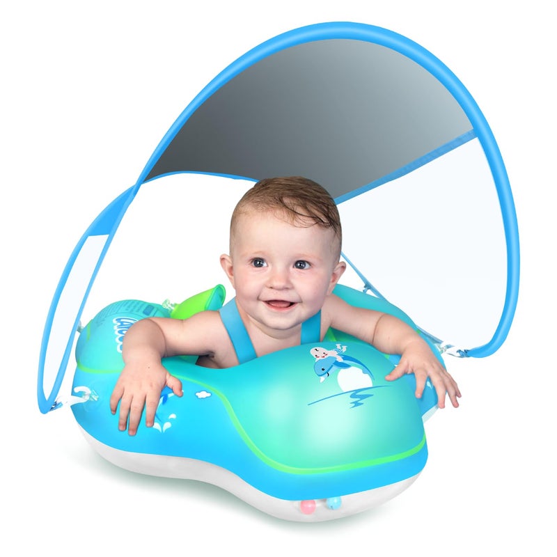 LAYCOL Baby Swimming Float Inflatable Baby Pool Float Ring with Sun Protection Canopyadd Tail no flip Over for Age of 336 Months Blue XL