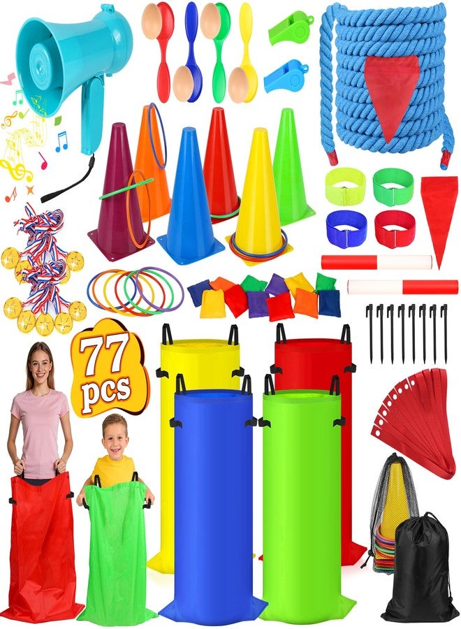 FUSPWEAO 77 Pcs Potato Sack Race Bags, 8-in-1 Outdoor Carnival Games for Kids and Adults, Bean Bags Ring Toss, Tug of War Rope, Megaphone, Field Day Games for Lawn, Backyard, School, Birthday, Family, Beach - Image 1