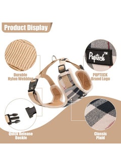 PUPTECK Dog Harness And Leash Collar Set For Small Medium Dogs Puppy And Cats Walking No Pull Adjustable Reflective Soft Mesh Padded Plaid Harnesses Pet Accessories, Beige, Xs  - Image 3