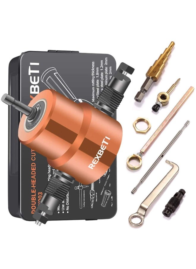 REXBETI Double Headed Sheet Metal Nibbler Drill Attachment Metal Cutter with Extra Punch and Die 1 Cutting Hole Accessory and 1 Step Drill Bit Perfect for Straight Curve and Circle Cutting Gold  - Image 1