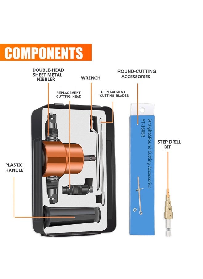 Double Headed Sheet Metal Nibbler Drill Attachment Metal Cutter with Extra Punch and Die 1 Cutting Hole Accessory and 1 Step Drill Bit Perfect for Straight Curve and Circle Cutting Gold