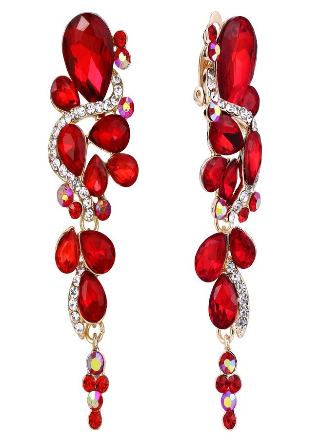 بريلوف أقراط زفاف بريلوف بمشبك للنساء، بتصميم بوهيمي مرصعة بالكريستال، بتصميم ثريا متعدد القطرات بلون الياقوت والذهبي. - Image 1