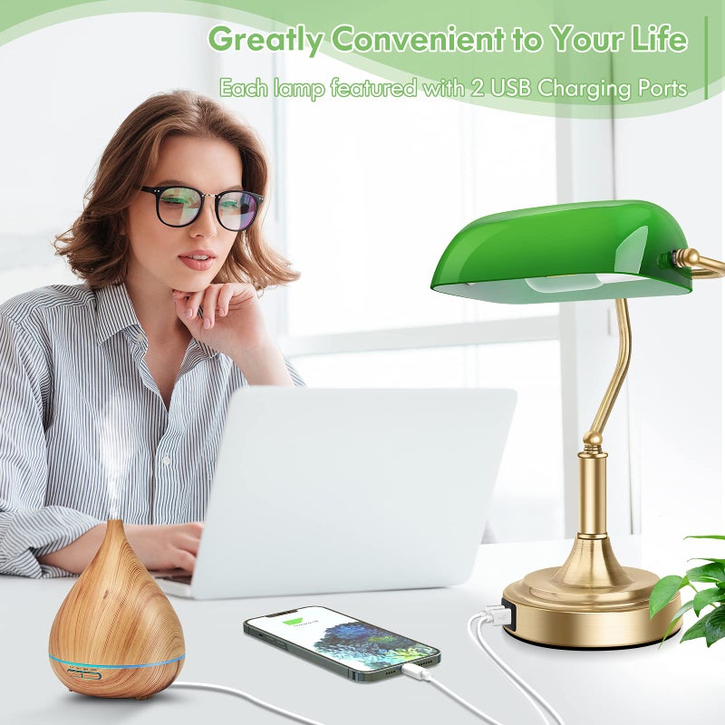 Brightever Bankers Lamp with 2 USB Ports, Touch Control Green Glass Desk Lamp with Brass Base, 3-Way Dimmable Vintage Desk Lamp for Home Office Workplace Nightstand Bedroom Library Piano, LED Bulb Included - Image 3