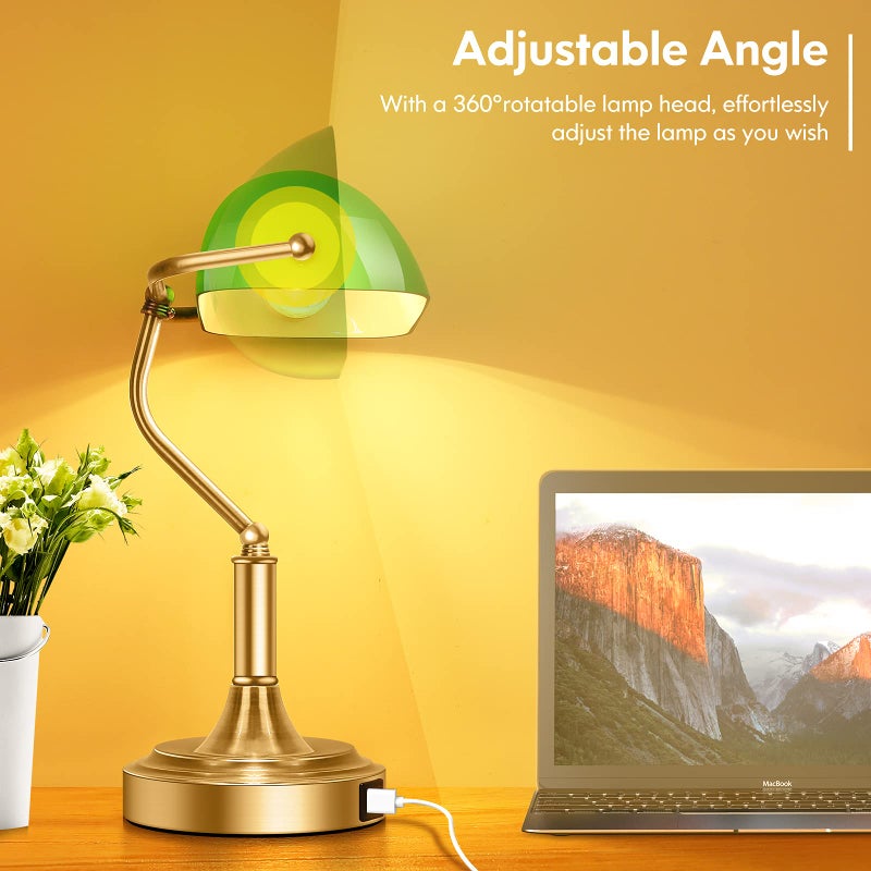Brightever Bankers Lamp with 2 USB Ports, Touch Control Green Glass Desk Lamp with Brass Base, 3-Way Dimmable Vintage Desk Lamp for Home Office Workplace Nightstand Bedroom Library Piano, LED Bulb Included - Image 2