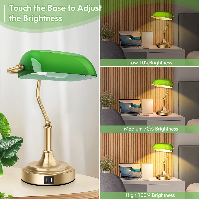 Brightever Bankers Lamp with 2 USB Ports, Touch Control Green Glass Desk Lamp with Brass Base, 3-Way Dimmable Vintage Desk Lamp for Home Office Workplace Nightstand Bedroom Library Piano, LED Bulb Included - Image 4