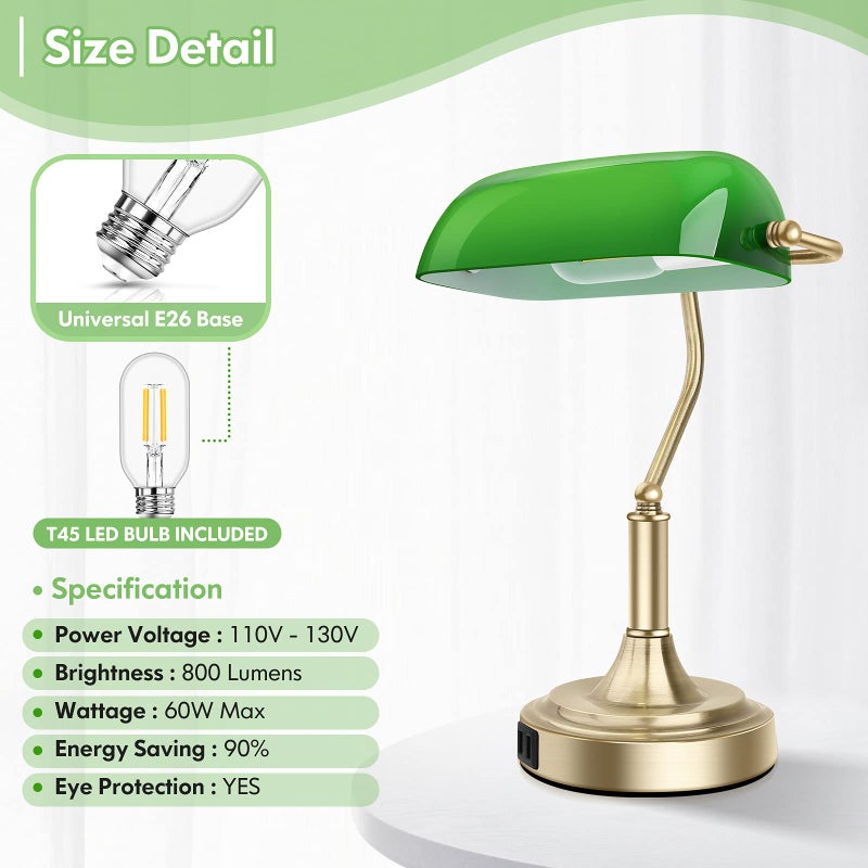 Brightever Bankers Lamp with 2 USB Ports, Touch Control Green Glass Desk Lamp with Brass Base, 3-Way Dimmable Vintage Desk Lamp for Home Office Workplace Nightstand Bedroom Library Piano, LED Bulb Included - Image 5