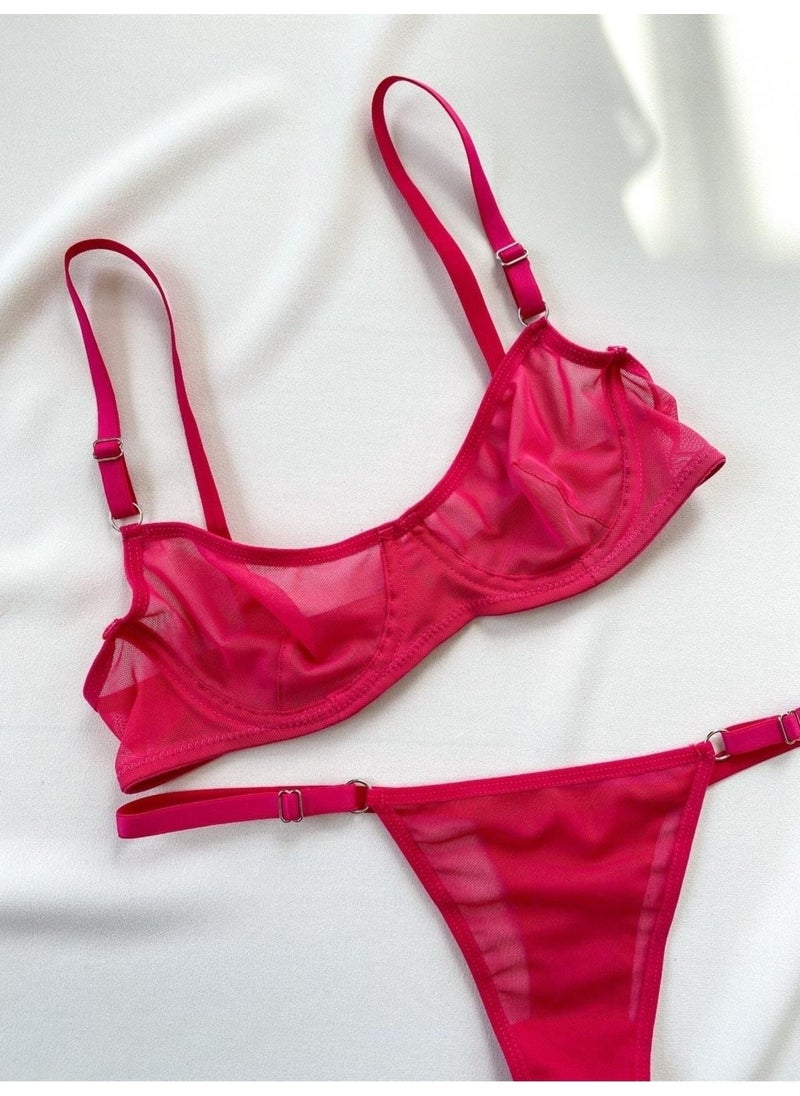 La Linaa Women Fuchsia Tulle Thong Panty Bra Set 
