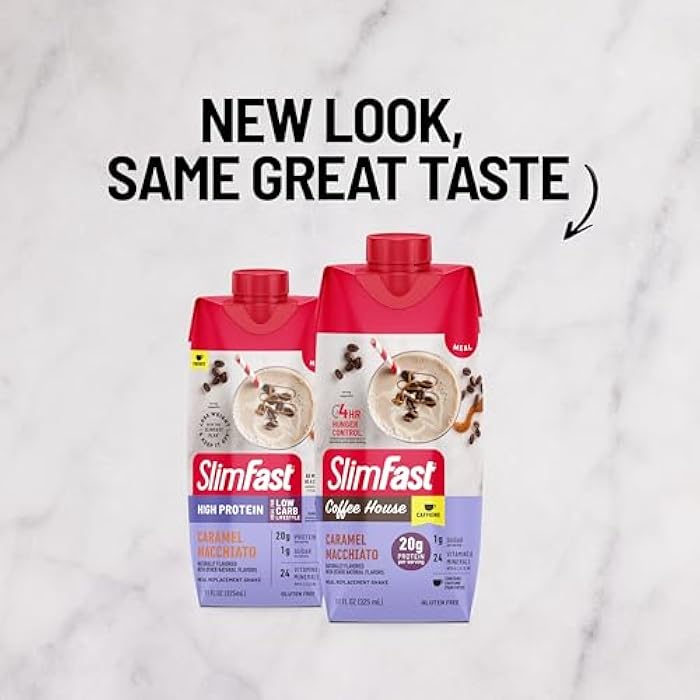 SlimFast Protein Shake with Caffeine, Caramel Macchiato- 20g Protein, Meal Replacement Shakes, High Protein with Low Carb and Low Sugar, 24 Vitamins and Minerals, 12 Count (Pack of 1) - Image 2