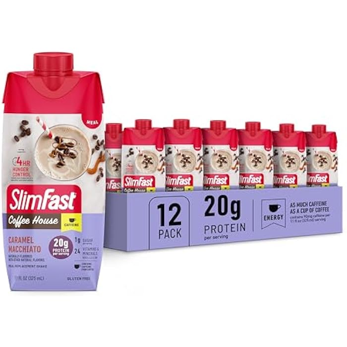 SlimFast Protein Shake with Caffeine, Caramel Macchiato- 20g Protein, Meal Replacement Shakes, High Protein with Low Carb and Low Sugar, 24 Vitamins and Minerals, 12 Count (Pack of 1) - Image 1