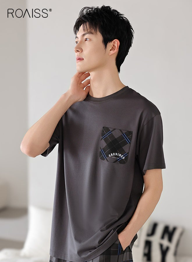 رويس طقم بيجامة رجالي صيفي برقبة دائرية قابلة للتنفس فضفاض بمقاس كبير وأكمام قصيرة وبنطلون طويل ملابس نوم كاجوال بخصر مرن وكنزة صوفية ملابس نوم - Image 3