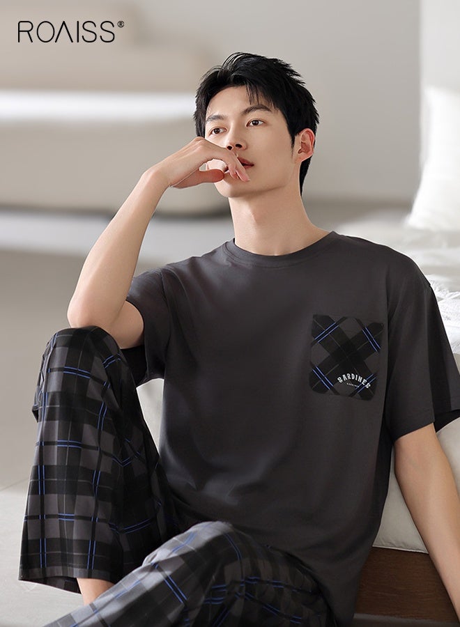 رويس طقم بيجامة رجالي صيفي برقبة دائرية قابلة للتنفس فضفاض بمقاس كبير وأكمام قصيرة وبنطلون طويل ملابس نوم كاجوال بخصر مرن وكنزة صوفية ملابس نوم - Image 2