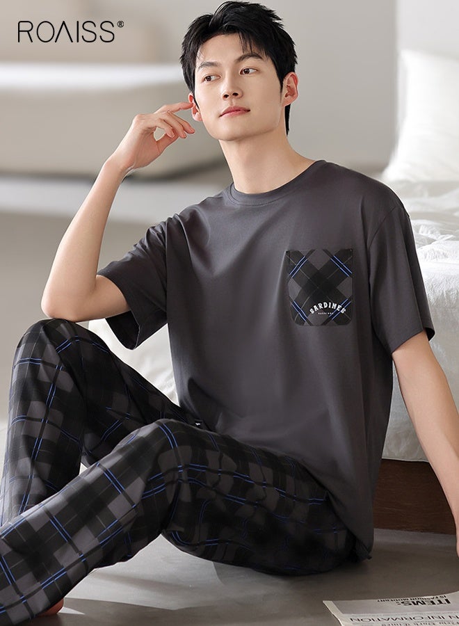 رويس طقم بيجامة رجالي صيفي برقبة دائرية قابلة للتنفس فضفاض بمقاس كبير وأكمام قصيرة وبنطلون طويل ملابس نوم كاجوال بخصر مرن وكنزة صوفية ملابس نوم - Image 1