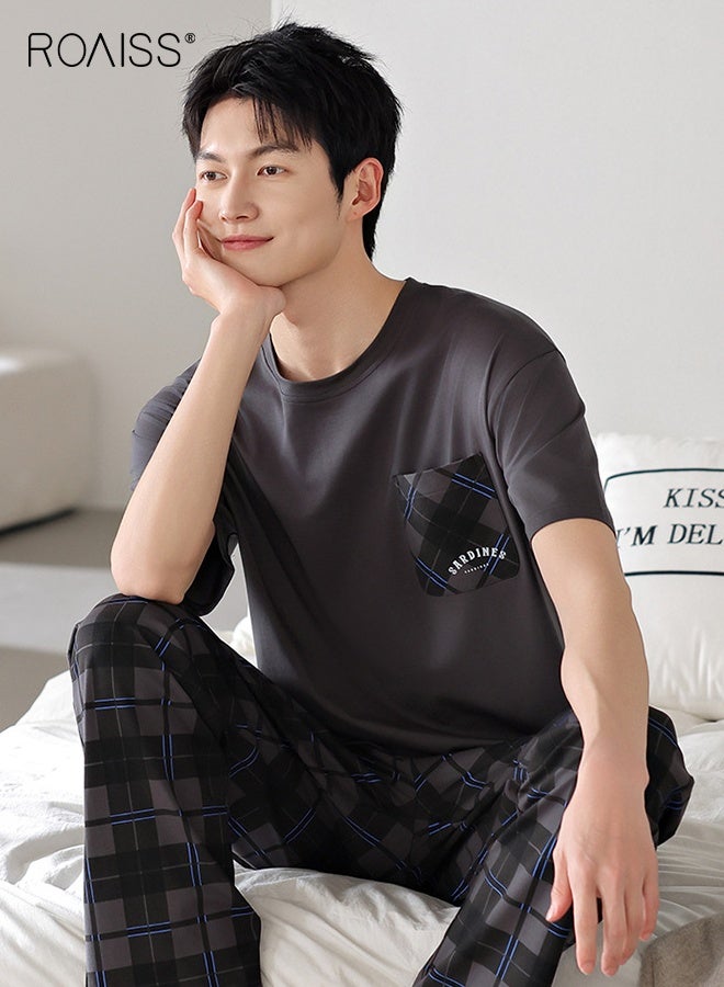 رويس طقم بيجامة رجالي صيفي برقبة دائرية قابلة للتنفس فضفاض بمقاس كبير وأكمام قصيرة وبنطلون طويل ملابس نوم كاجوال بخصر مرن وكنزة صوفية ملابس نوم - Image 4