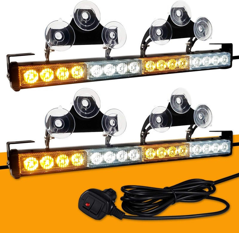 2 في 1 32 بوصة أضواء تحذيرية LED للطوارئ للشاحنات والمركبات والسيارات، شريط تحذير اتجاهي، فلاش سلامة المرور للنافذة الخلفية، مجموعة توصيل الأسلاك مع ولاعة السجائر (أبيض كهرماني) - Image 1