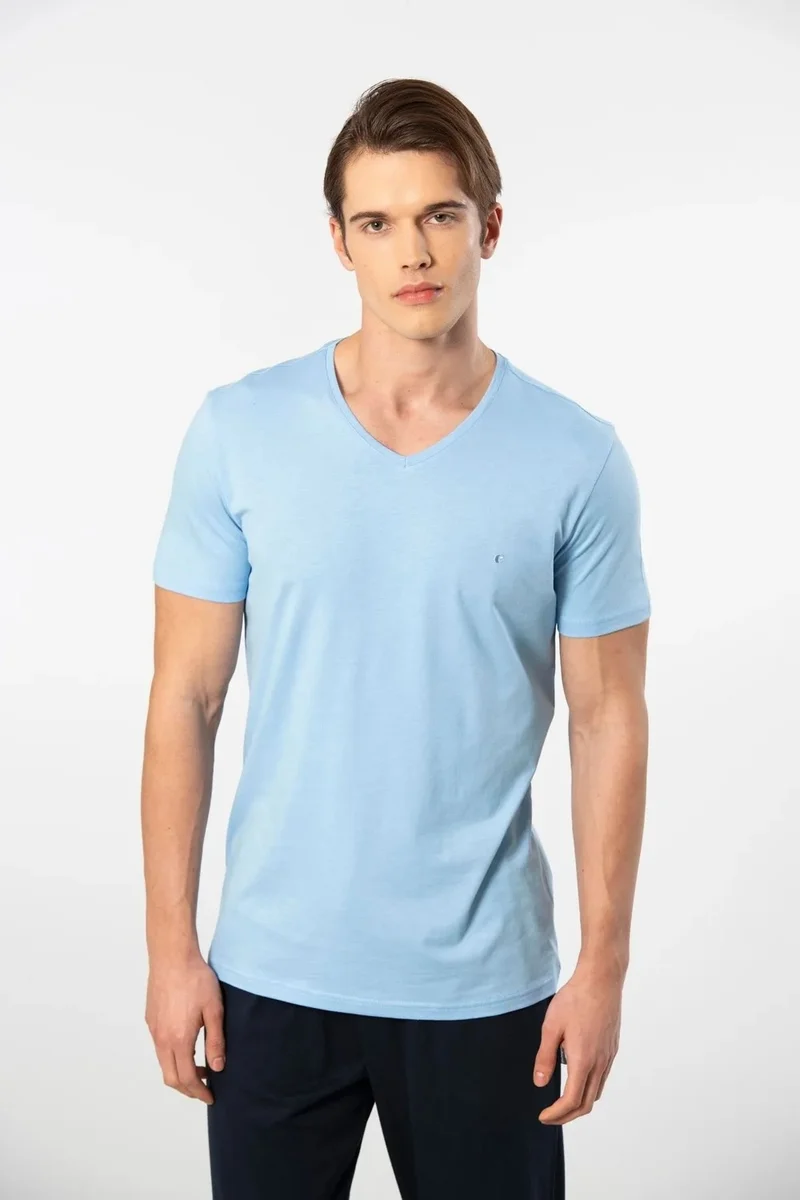 cacharel 2170 Men's Modal Cotton V Neck Short Sleeve T-Shirt-Light Blue