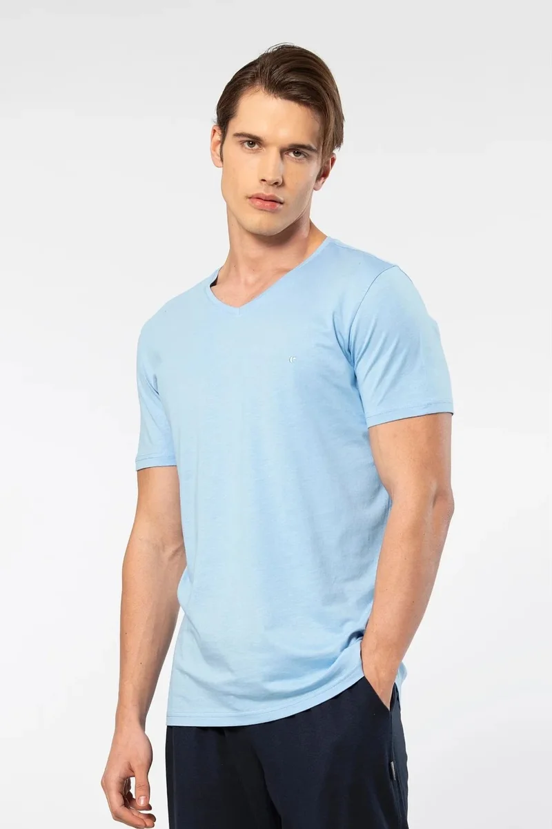 cacharel 2170 Men's Modal Cotton V Neck Short Sleeve T-Shirt-Light Blue