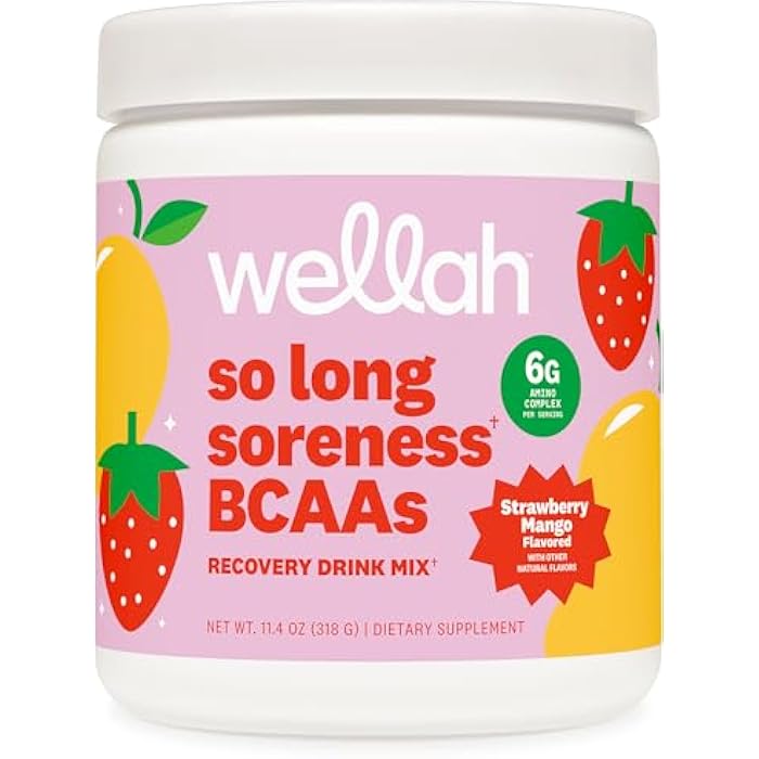 Wellah So Long Soreness BCAA Powder (Strawberry Mango Flavored) 30 Servings - with Hydration Complex - Image 1