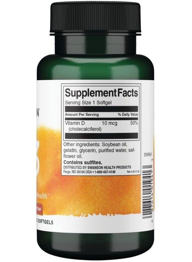 Swanson Vitamin D3 400IU (10 MCG) 250 SGELS - Image 2