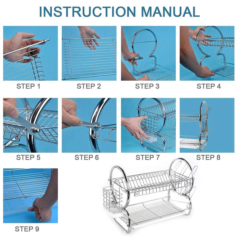 Whitecloud TRANSFORMING HOMES® Stainless Steel Dish Rack Steel 2-Tier Multi-Function Dish Drying Rack Cup Drainer Strainer Silver, 7-Pieces, (42cm-8) - Image 3