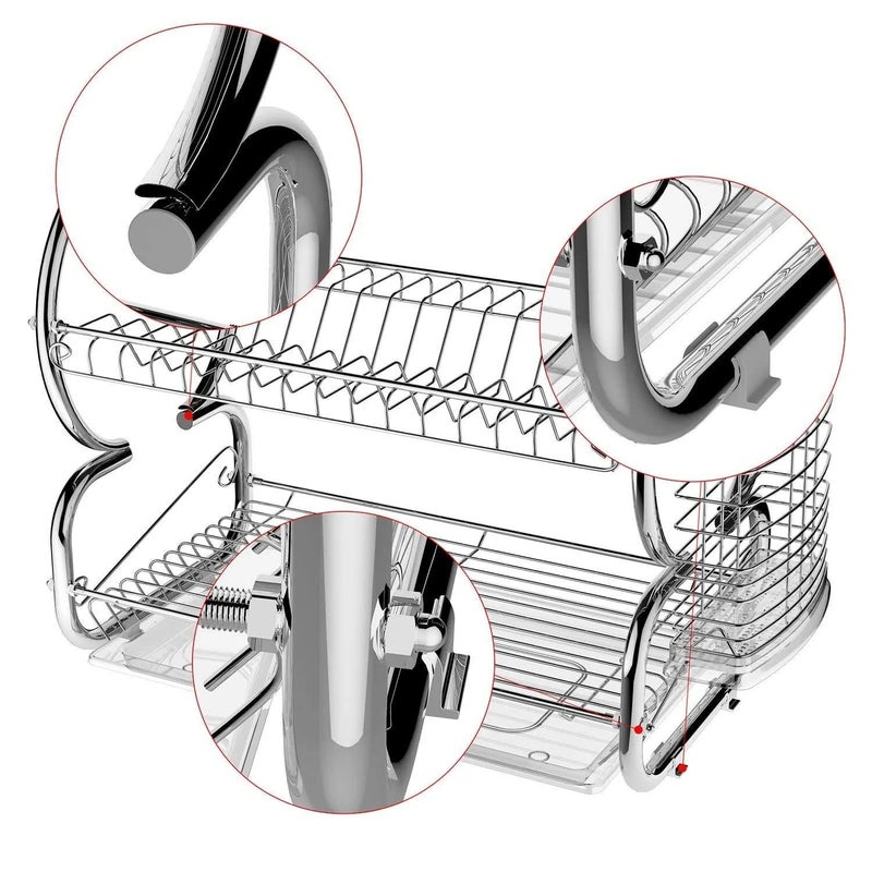 Whitecloud TRANSFORMING HOMES® Stainless Steel Dish Rack Steel 2-Tier Multi-Function Dish Drying Rack Cup Drainer Strainer Silver, 7-Pieces, (42cm-8) - Image 2