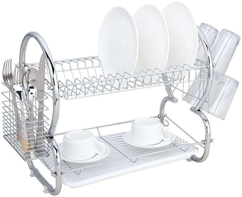 Whitecloud TRANSFORMING HOMES® Stainless Steel Dish Rack Steel 2-Tier Multi-Function Dish Drying Rack Cup Drainer Strainer Silver, 7-Pieces, (42cm-8) - Image 1