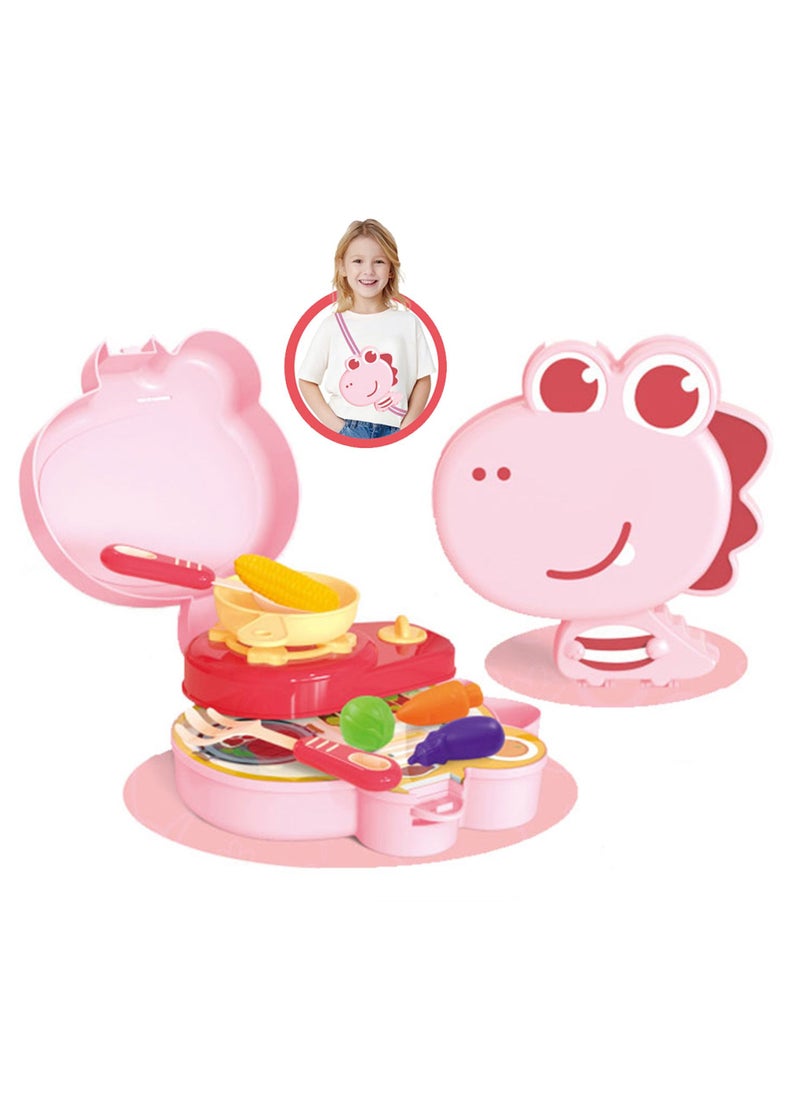 Swift Kitchen Toy Dinosaur Design with Backpack Pretend Cooking Food Play Dinnerware Set Safe Cute Children Girl Toy Gift Fun Game Toy Kitchen Pink  - Image 1