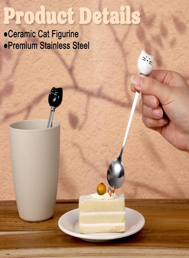 Bruislard 2 Pcs Cute Cat Spoon Set Cute Cat-Shaped Coffee Spoon Set Stainless Steel Tea Coffee Sugar Spoons Milk Drink Stirring Spoones Black and White Cat Design Cartoon Dessert Spoons Sets for Kitchen - Image 4