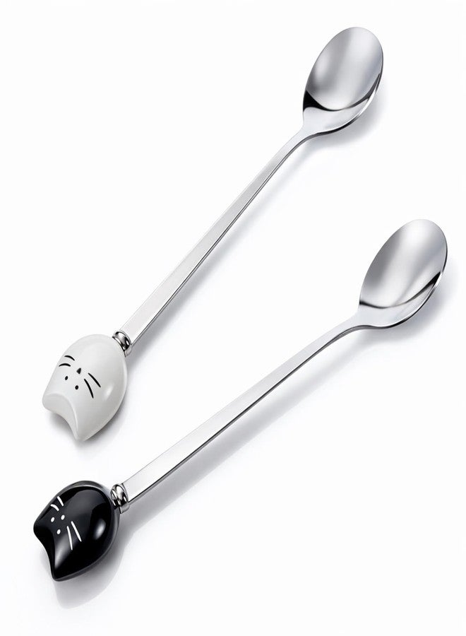 Bruislard 2 Pcs Cute Cat Spoon Set Cute Cat-Shaped Coffee Spoon Set Stainless Steel Tea Coffee Sugar Spoons Milk Drink Stirring Spoones Black and White Cat Design Cartoon Dessert Spoons Sets for Kitchen - Image 1