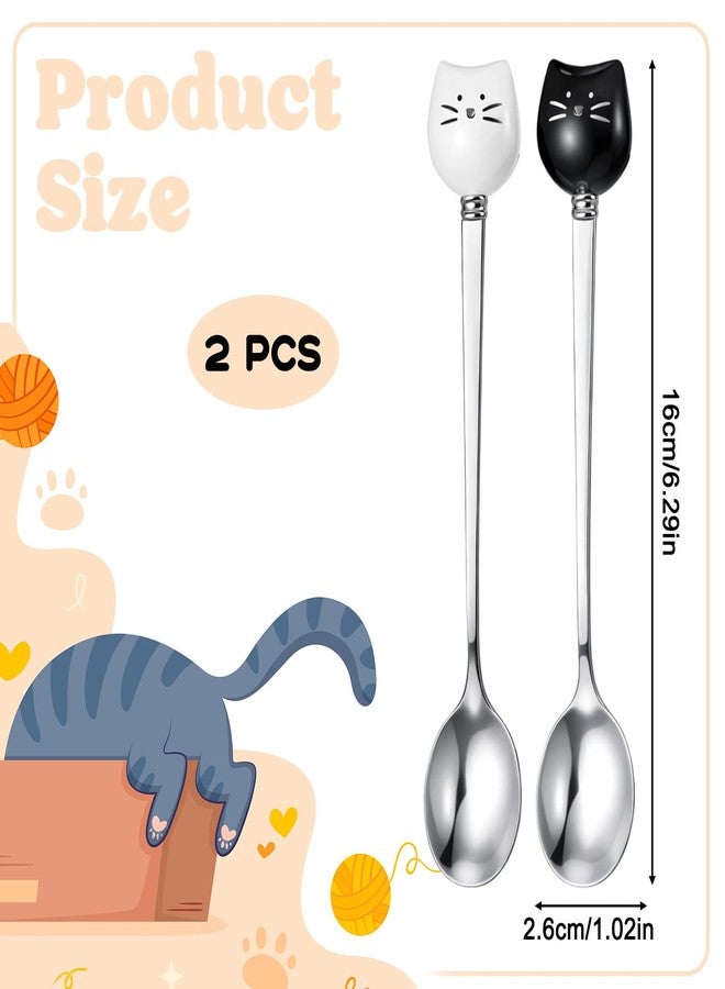 Bruislard 2 Pcs Cute Cat Spoon Set Cute Cat-Shaped Coffee Spoon Set Stainless Steel Tea Coffee Sugar Spoons Milk Drink Stirring Spoones Black and White Cat Design Cartoon Dessert Spoons Sets for Kitchen - Image 2