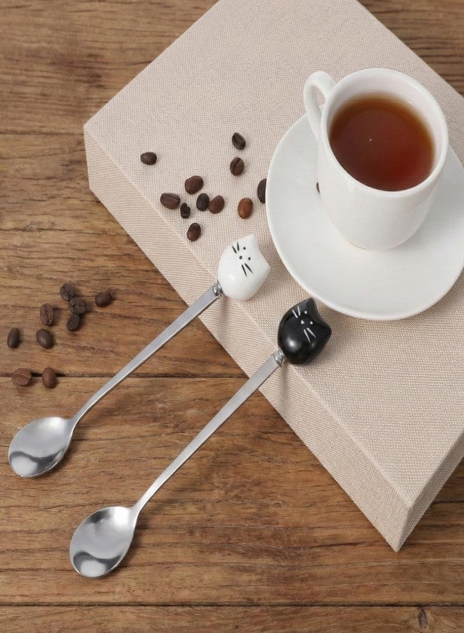Bruislard 2 Pcs Cute Cat Spoon Set Cute Cat-Shaped Coffee Spoon Set Stainless Steel Tea Coffee Sugar Spoons Milk Drink Stirring Spoones Black and White Cat Design Cartoon Dessert Spoons Sets for Kitchen - Image 3