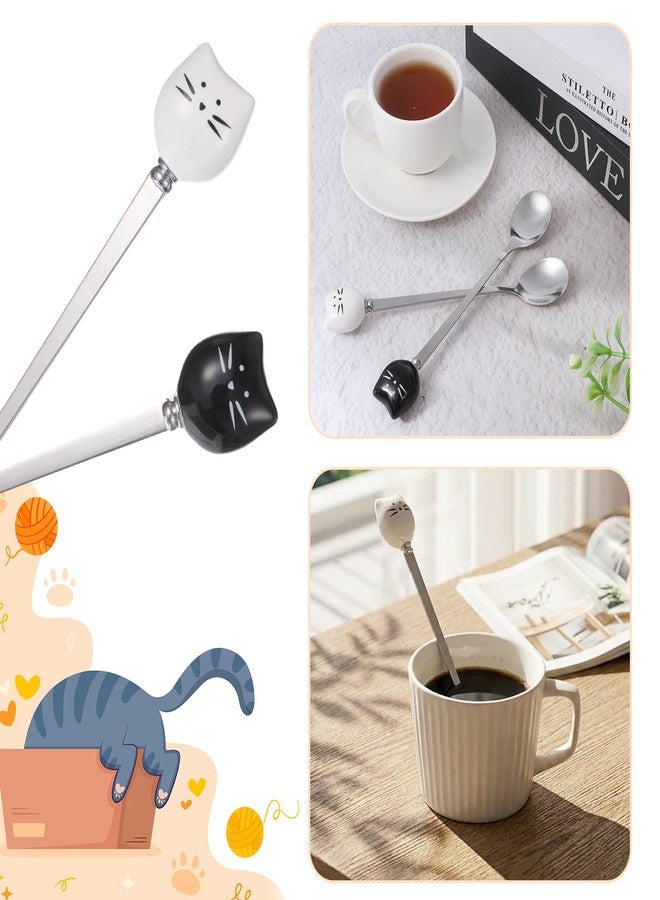 Bruislard 2 Pcs Cute Cat Spoon Set Cute Cat-Shaped Coffee Spoon Set Stainless Steel Tea Coffee Sugar Spoons Milk Drink Stirring Spoones Black and White Cat Design Cartoon Dessert Spoons Sets for Kitchen - Image 5