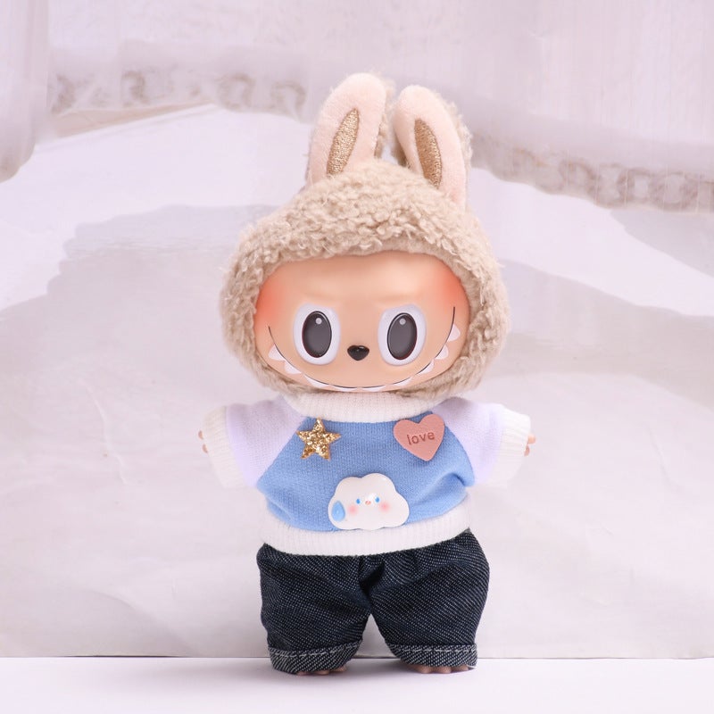 17cm LaBuBu Doll Clothes Keyring Cloud blue T-shirt Denim shorts (baby clothes only, excluding dolls) 