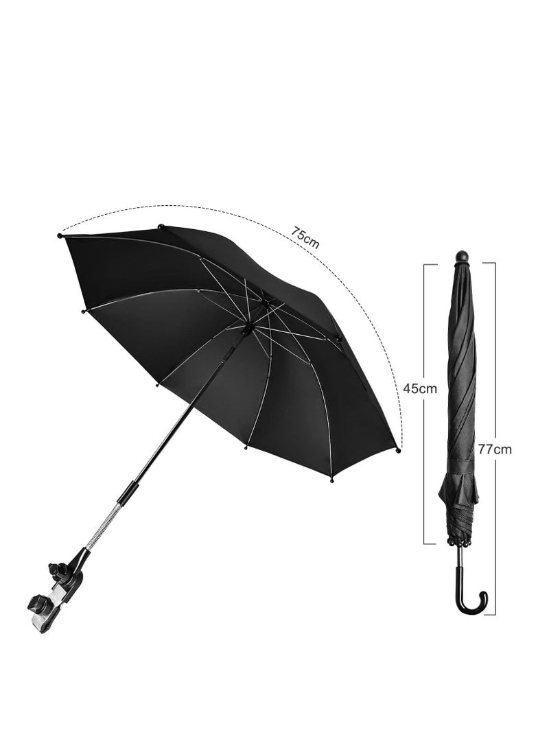 Y&D - Baby Stroller Parasol, 75 cm Sunshade with Clip Universal UV Protection Umbrella 50+ Adjustable 360 Degree Waterproof for Strollers, Wheelchairs, Beach Chair - Black - Image 1