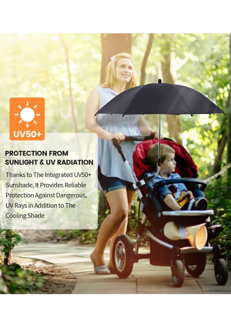 Y&D - Baby Stroller Parasol, 75 cm Sunshade with Clip Universal UV Protection Umbrella 50+ Adjustable 360 Degree Waterproof for Strollers, Wheelchairs, Beach Chair - Black - Image 1