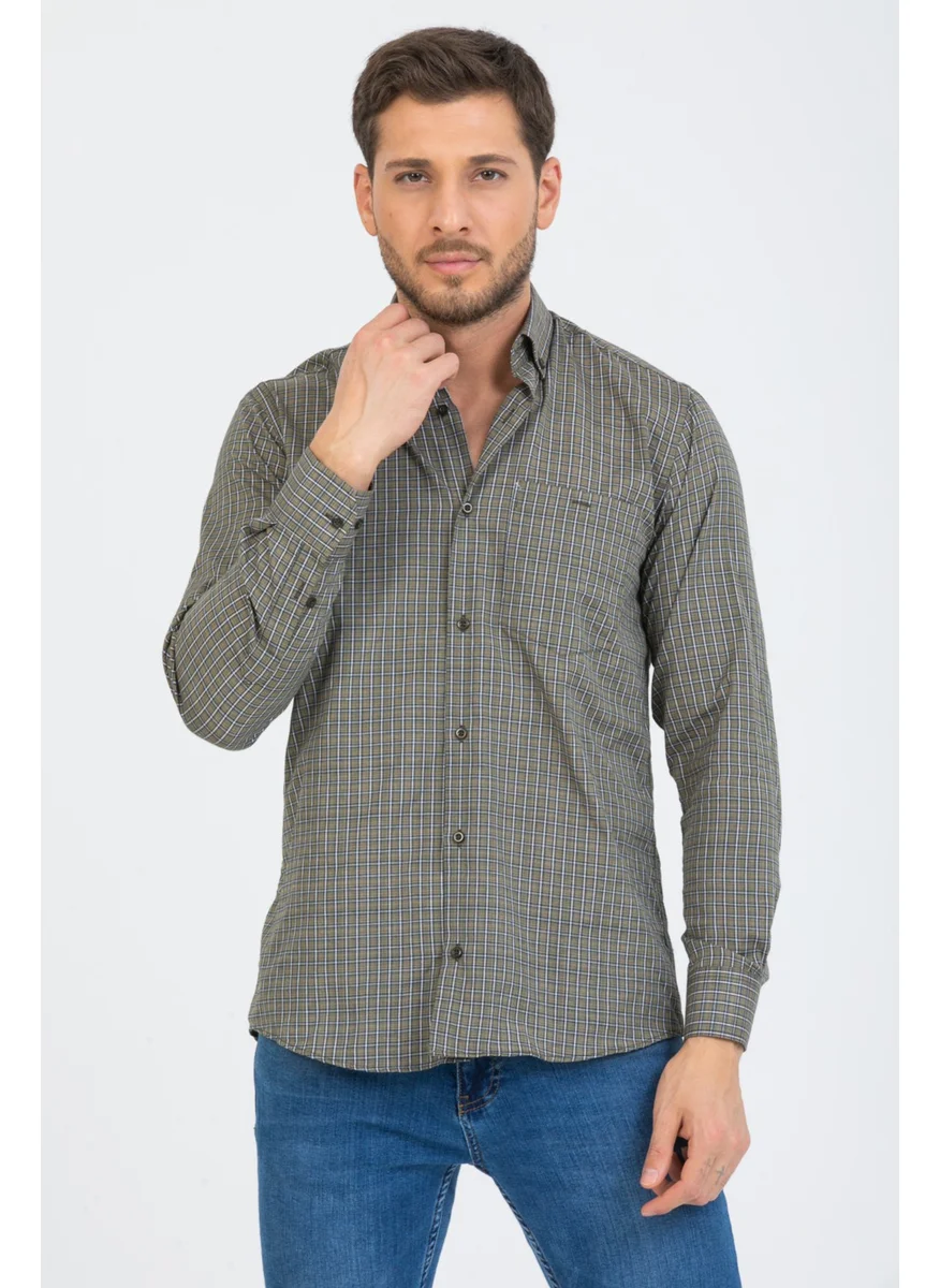 Varetta Men's Khaki Checked Long Sleeve Pocket Collar Buttoned Men's Shirt
