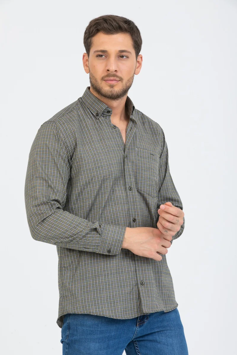 فاريتا Men's Khaki Checked Long Sleeve Pocket Collar Buttoned Men's Shirt