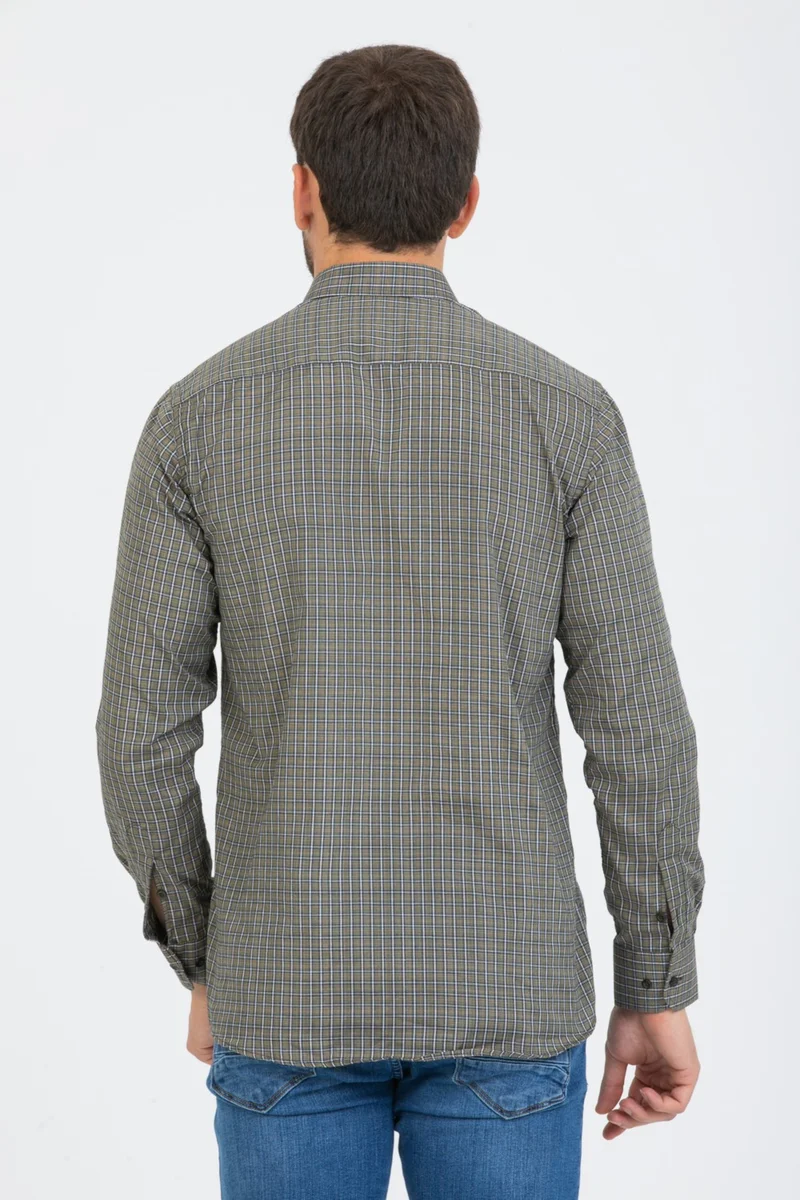 فاريتا Men's Khaki Checked Long Sleeve Pocket Collar Buttoned Men's Shirt