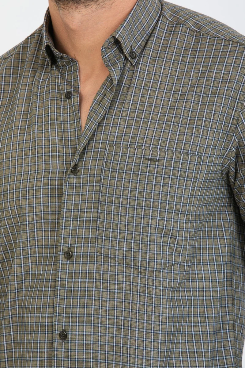 فاريتا Men's Khaki Checked Long Sleeve Pocket Collar Buttoned Men's Shirt