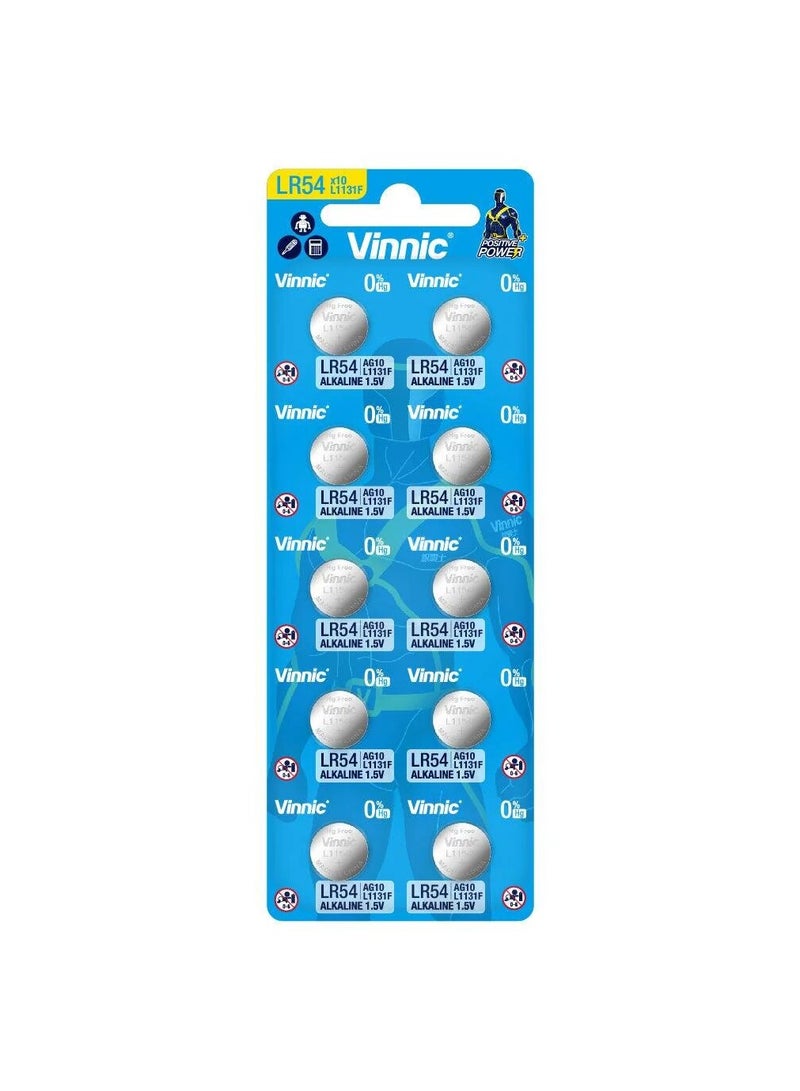 فينك 10-Pieces Vinnic AG10 / LR1130 (LR54) (L1131F) Alkaline 1.5V Button Cell Batteries  - Image 1