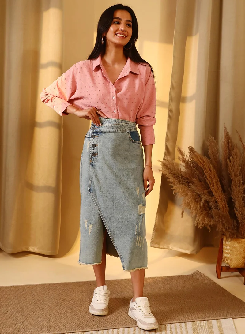 PINACOLADA Women's Light Blue Asymmetrical Midi Denim Skirt For Casual Wear | Light-Wash | Mid-Rise | Button Closure | Denim Skirt Designed With Comfortable Fit For Woman & Girls