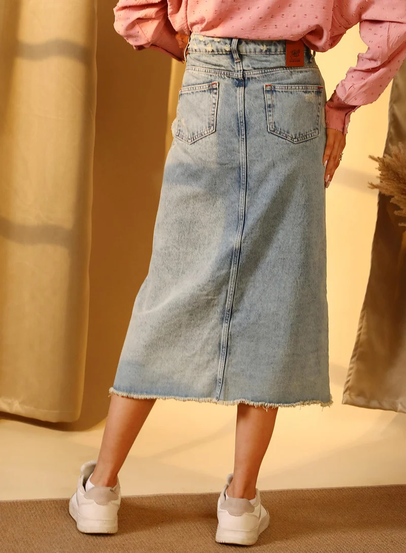PINACOLADA Women's Light Blue Asymmetrical Midi Denim Skirt For Casual Wear | Light-Wash | Mid-Rise | Button Closure | Denim Skirt Designed With Comfortable Fit For Woman & Girls